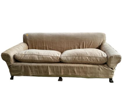 Very large wooden framed deep seated sofa, (4 seater) for restoration, with large wooden paw feet to base, 215cm long approx.