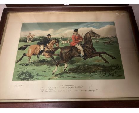 Two framed and glazed John Leech hunting prints 45 x 70cm, condition good; and "No Consequence" 58 x 80cm approx, some browni