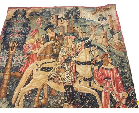 C16th style wall hanging tapestry, stylized Tudor Gentlemen hunting in Landscape scene, 212cm x 241cm 