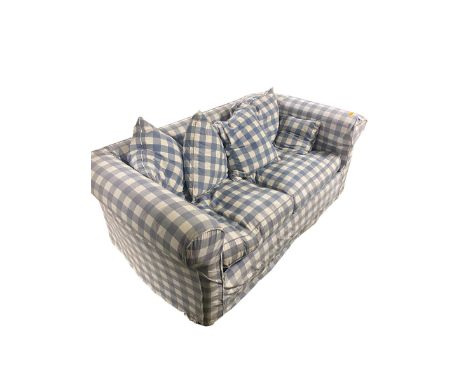 A pull out sofa bed, with loose covers in a blue chequered pattern. With wear, from a clean house. 66cmH x 91cmD x 162cmWide 