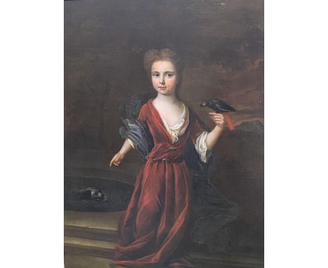 Attributed to Sir Godfrey Kneller (1646-1723), Portrait of a young girl in a landscape holding a parakeet, oil on canvas, 120
