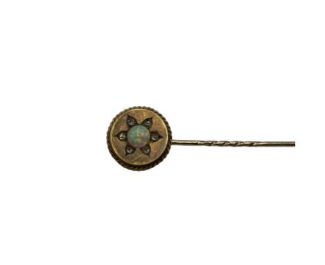 A 15ct gold opal and rose cut diamond tie pin, 3grams 