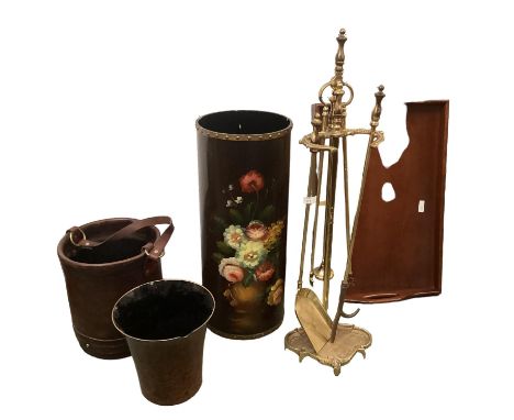 Leather bucket with brass fittings, large mahogany galleried tray, papier mache and brass mounted stick stand with painted fl