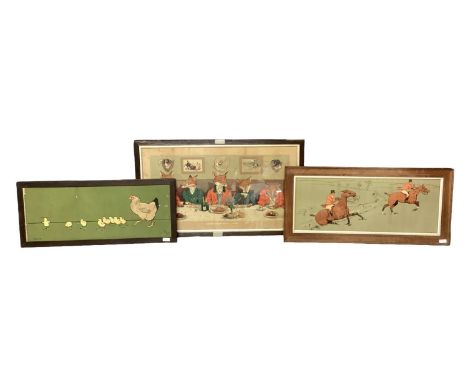 Three hunting prints: Harry B. Neilson, Mr Fox's Hunt Breakfast On Xmas Day 34.5cm x 70cm, Mother hen by Cecil Aldin 26.5cm x