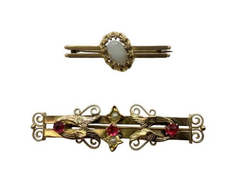 A 15 ct gold double bar broach set with oval central opal together with 9ct gold ruby and pearly set bar broach 7.2 g 