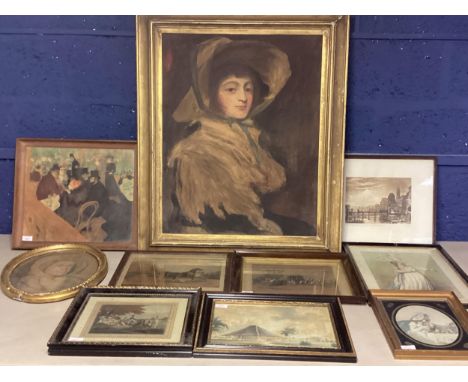 Portrait of a seated lady in a Bonet, on paper, and in old gilt frame, label verso " Copied by my aunt Aline Tidswell Formerl