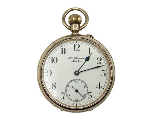 A 9 ct gold open faced pocket watch face marked JW Benson London, 32 mm face with Arabic markers and subsidiary second hand, 