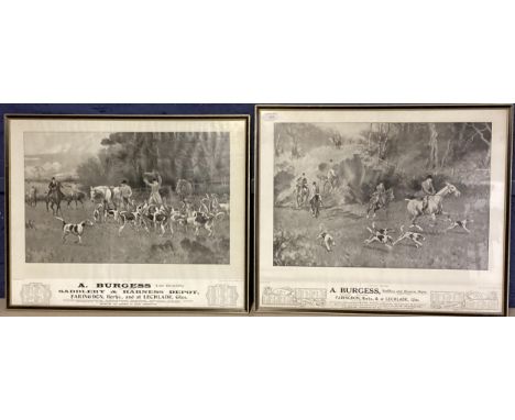 Two framed and glazed hunting prints, A Burgess Sadlery &amp; Harness Depot, Faringdon, Berks, and at Lechlade Glos (some rip