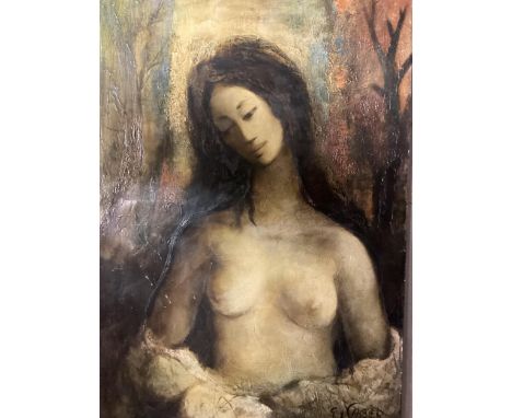 unframed oil on canvas, half portrait portrait of a female nude, signed E Cambier c4; 73 x 50cm 