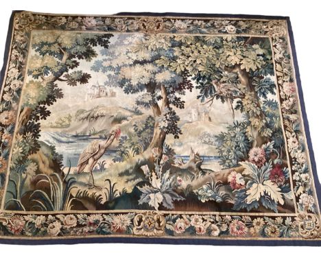 C19th wall tapestry, continental landscape scene with floral border 225 cm x 175 cm 