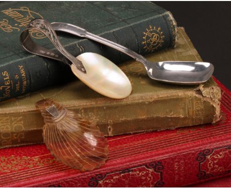 A George IV silver Fiddle and Thread pattern caddy spoon, 12cm long, Joseph Willmore, Birmingham 1824; another, silver and mo