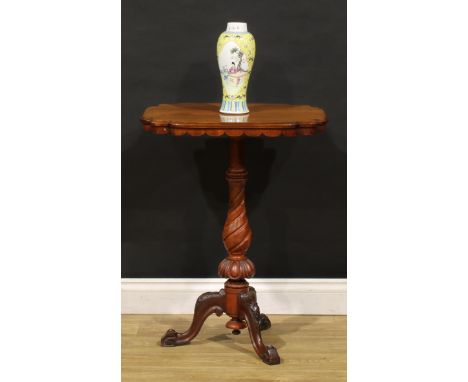 A Victorian walnut pedestal occasional table, shaped oval top, spirally turned pillar, fluted socle, cabriole legs, 75cm high