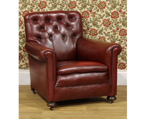 An Art Deco period club armchair, stuffed-over button-back upholstery, 82cm high, 81cm wide, 75cm deep, c.1930