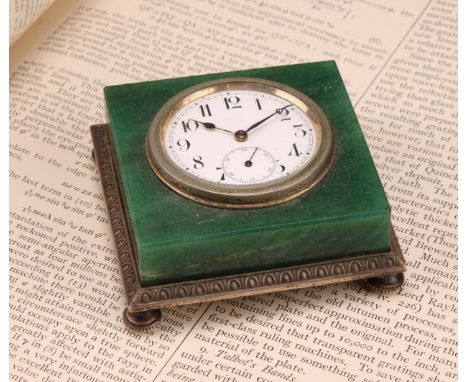 An early 20th century silver mounted aventurine desk timepiece, 4cm enamel clock dial inscribed with Arabic numerals, subsidi