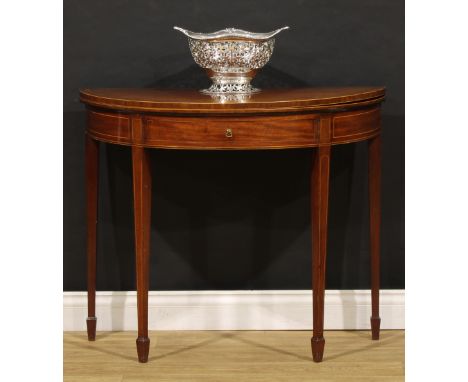 A George III mahogany demilune card table, drawer to frieze, outlined throughout with boxwood stringing, 75cm high, 90.5cm wi