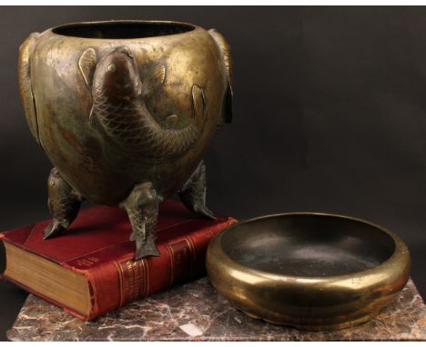 A Japanese bronze vase, cast with carp, 33cm high, early 20th century; a bowed circular incense burner, quite plain, 29.5cm d