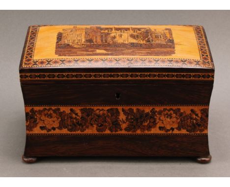 A Victorian Tunbridge-ware and rosewood waisted rectangular tea caddy, hinged cover depicting Hever Castle, enclosing a pair 
