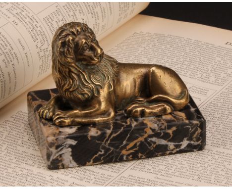 English School (19th century), a bronze, of a recumbent lion, rectangular marble base, 9cm wide