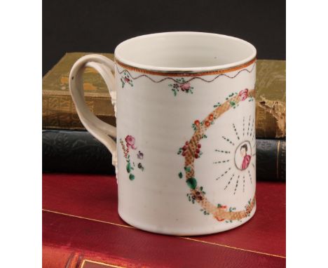 A Chinese porcelain cylinder mug, painted in polychrome enamels, with portrait of a lady with a starburst surround within a g