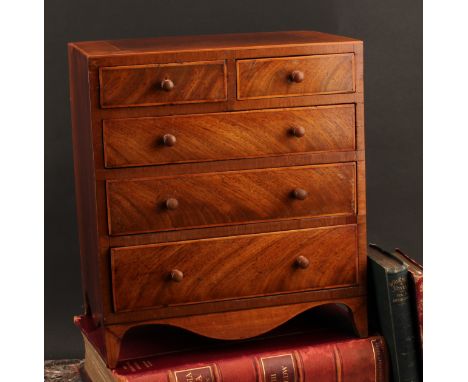 Miniature Furniture - a George III mahogany caddy top chest, crossbanded top above two short and three long graduated drawers