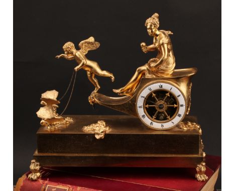 A 19th century French gilt metal figural mantle time piece, cast as Venus and Cupid, drawn in a chariot by butterflies, 8.5cm