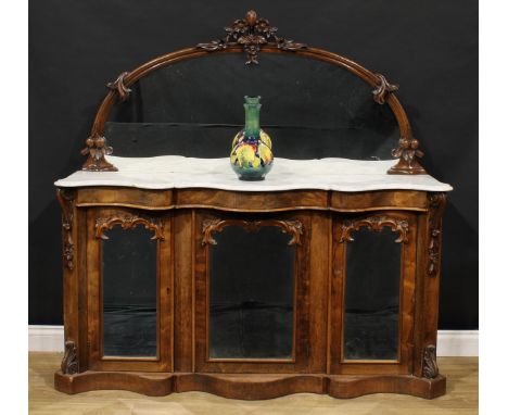 A Victorian rosewood side cabinet, arched mirror plate above a marble top and three doors, each set with a further mirror pla