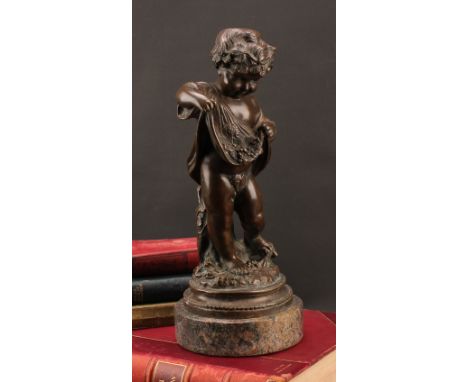 French School (19th century), a brown patinated bronze, of a putti gathering grapes, circular marble base, 34cm high, c.1880