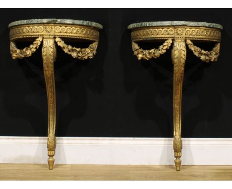 A pair of 19th century giltwood and gesso demilune pier console tables, each with marble top, 93cm high, 58cm wide, 30cm deep