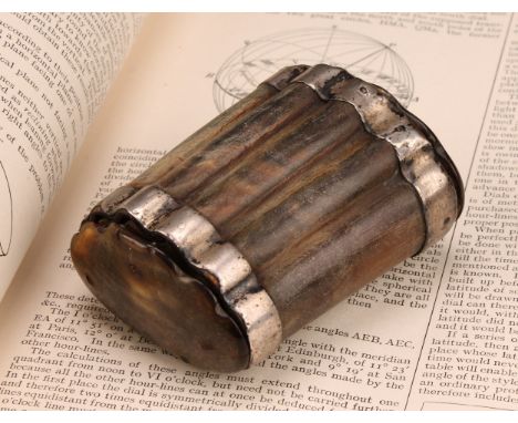 A 19th century Scottish silver coloured metal mounted cattle double-ended fluted snuff box or mull, hinged covers, 7.5cm long