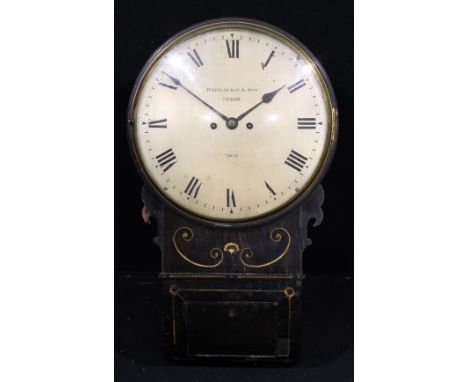 An early 19th century ebonised wall clock, 30.5cm dial inscribed WHITEHURST & SON, DERBY, 2806, Roman numerals, twin winding 