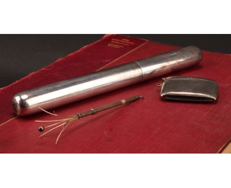 A George V silver vesta case, hinged cover, striker to base, 5.5cm wide, Birmingham 1915; a champagne swizzel stick, marked S