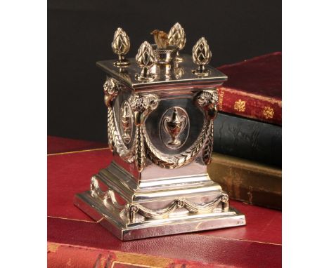 A Victorian silver plated table lighter, in the Adam Revival taste, as a pedestal, in relief with swags, urns and ram's masks