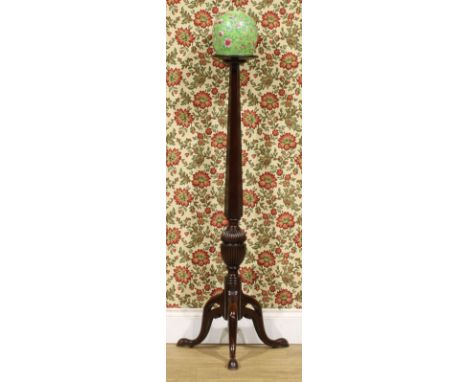 A George III Revival mahogany tripod statuary pedestal, dished circular top, panelled pillar, fluted cup and cover socle, pie