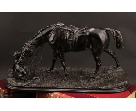 Pierre-Jules Mêne, after, a dark patinated animalier bronze, horse and dog, 48.5cm wide