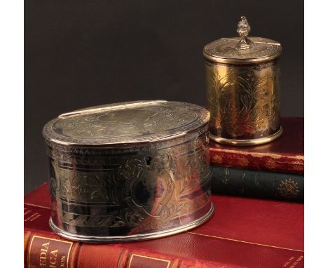 A Victorian E.P.N.S oval tea caddy, bright-cut engraved, hinged coverm 15cm wide, James Dixon &amp; Sons, c.1860; another, cy