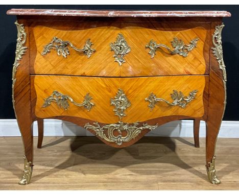 A Louis XV Revival gilt metal mounted satinwood and kingwood serpentine commode, marble top above two long drawers, cabriole 