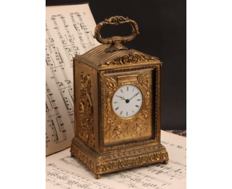 A 19th century French gilt brass carriage timepiece, by Bolviller, Paris, 5cm enamel clock dial inscribed with Roman numerals