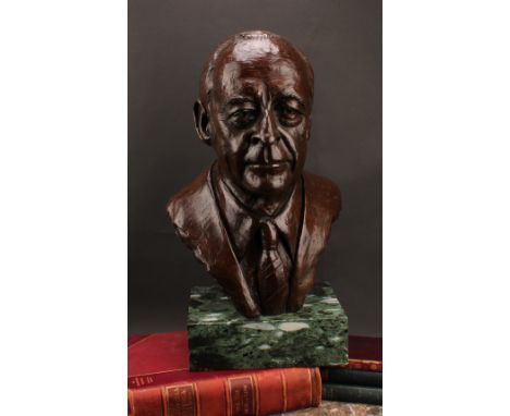 R Jimenez? (20th century), a brown patinated bronze bust, portrait of Leonard Cohen, signed in the maquette, Meridian London 