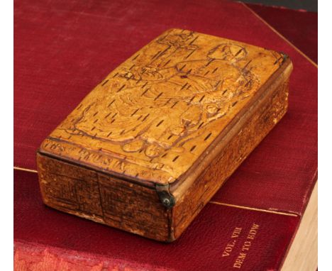 A 19th century pressed birch bark snuff box, the hinged cover with a titled portrait of Pope Pius IX, 11.5cm wide
