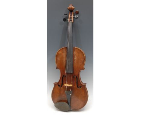 A violin, the two-piece back 35.75cm long excluding button, branded Duke, London, outlined throughout with purfling, paper la