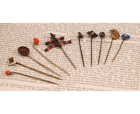 Stick Pins - a late 19th century pin the terminal as a carved coral rose bud, 7.5cm; others, coral and sterling silver, Art N