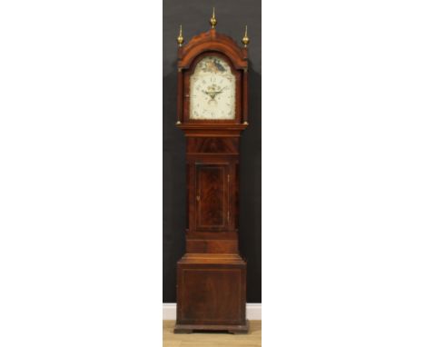 A 19th century mahogany longcase clock, 31cm arched painted dial inscribed James Thristle, Stogursey, Roman numerals, calenda