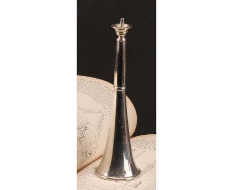 A George V silver cigarette lighter, in the form of a  hunting horn, 19cm, Reid &amp; Sons, Sheffield 1929, 121g