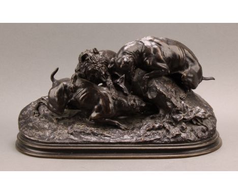 Pierre Jules Mene (1810 - 1879), after, a large brown patinated bronze, Hunting Dogs, signed in the maquette, 39cm wide