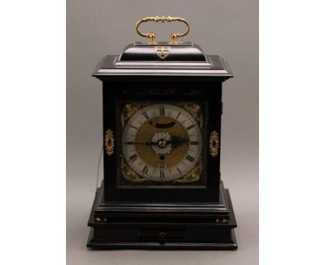 A George II style ebonised bracket alarm clock, the 15cm square brass dial with silvered chapter ring, Roman and Arabic numer