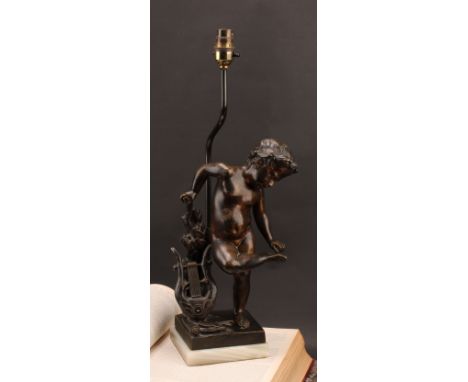 French School (19th century) a brown patinated bronze, of a cherub with a lyre, later mounted as a table lamp, onyx base, 49c