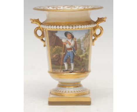 A Flight Barr and Barr urnular vase, painted with a Spaniard leaning on a stick before a waterfall, within rectangular panel 