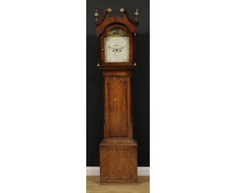 A George III oak longcase clock, 30.5cm arched painted dial inscribed Peter Clapham, Brigg, painted to the arch with a milita