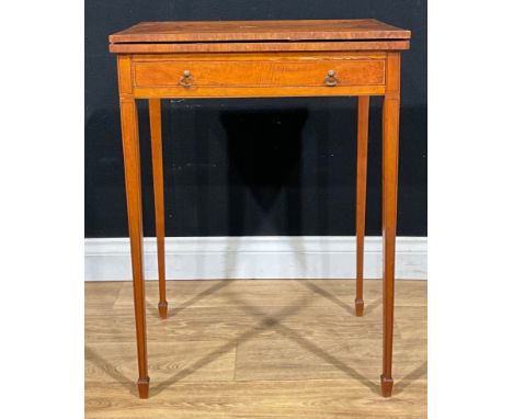 A 19th century Sheraton Revival rosewood crossbanded satinwood card table, hinged top enclosing a baize lined playing surface