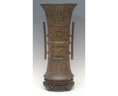 A large Japanese gilt bronze vase, cast in the archaic Chinese taste, 36cm high, character mark, 19th century, hardwood stand